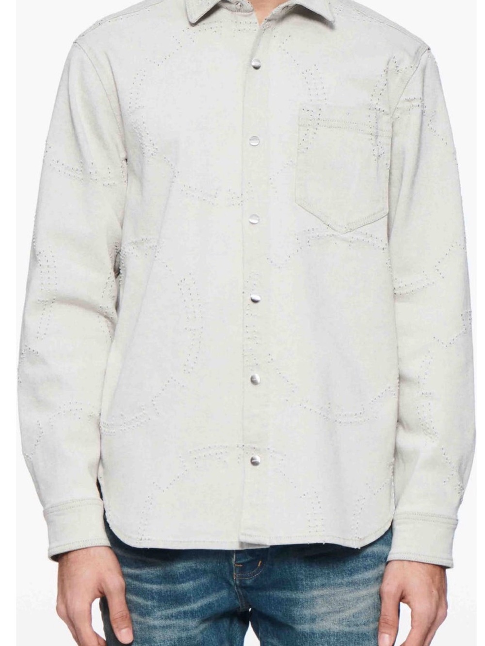 Purple brand Men's Light Cream Button-Up Shirt with Subtle Perforated Detail